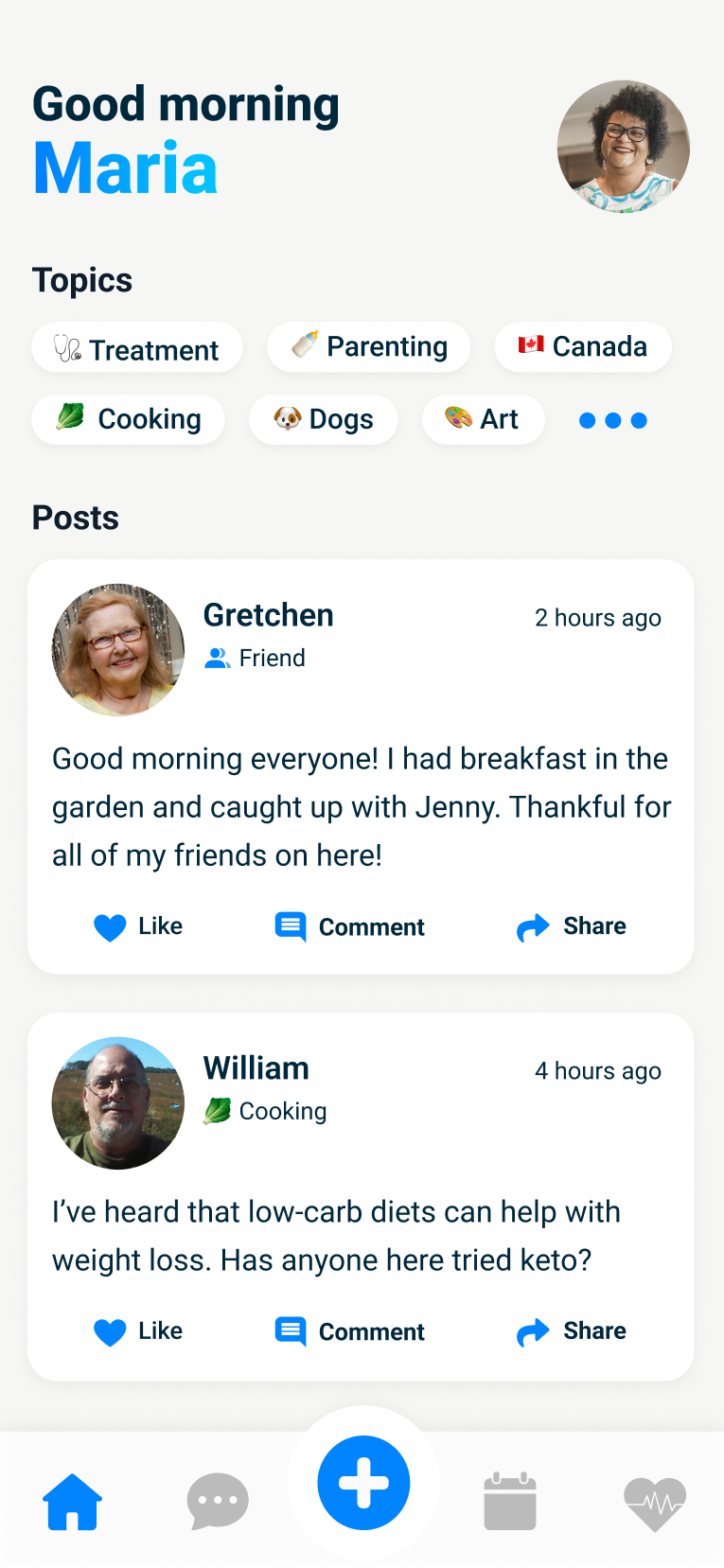 Curatio healthcare app community feed UX design