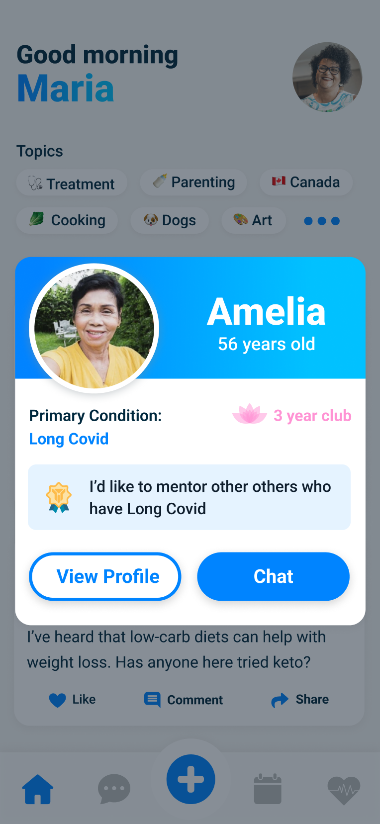 Curatio patient social network mobile screen