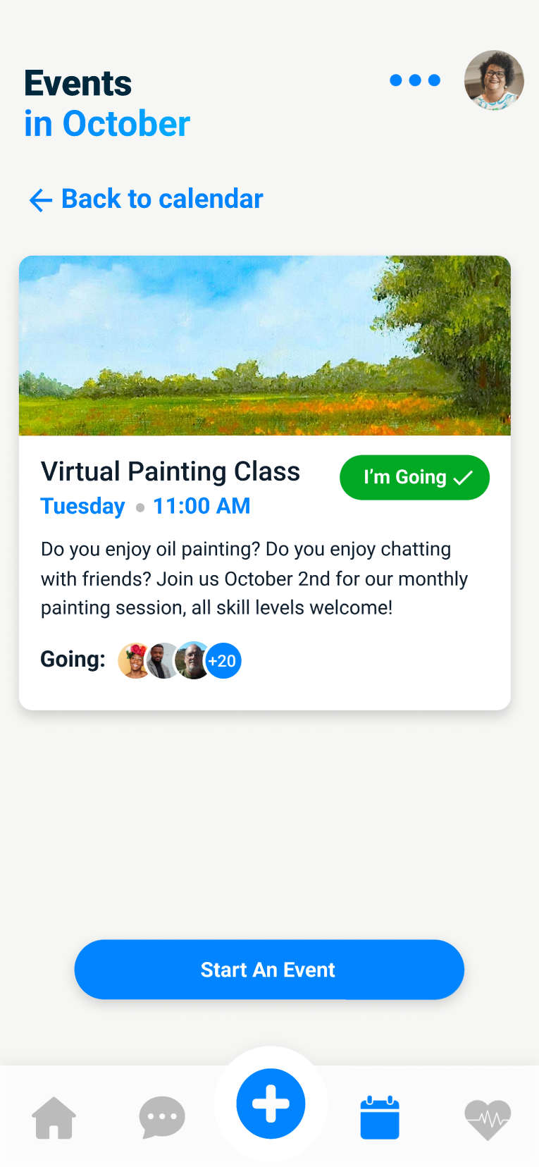 Curatio virtual health events app screen