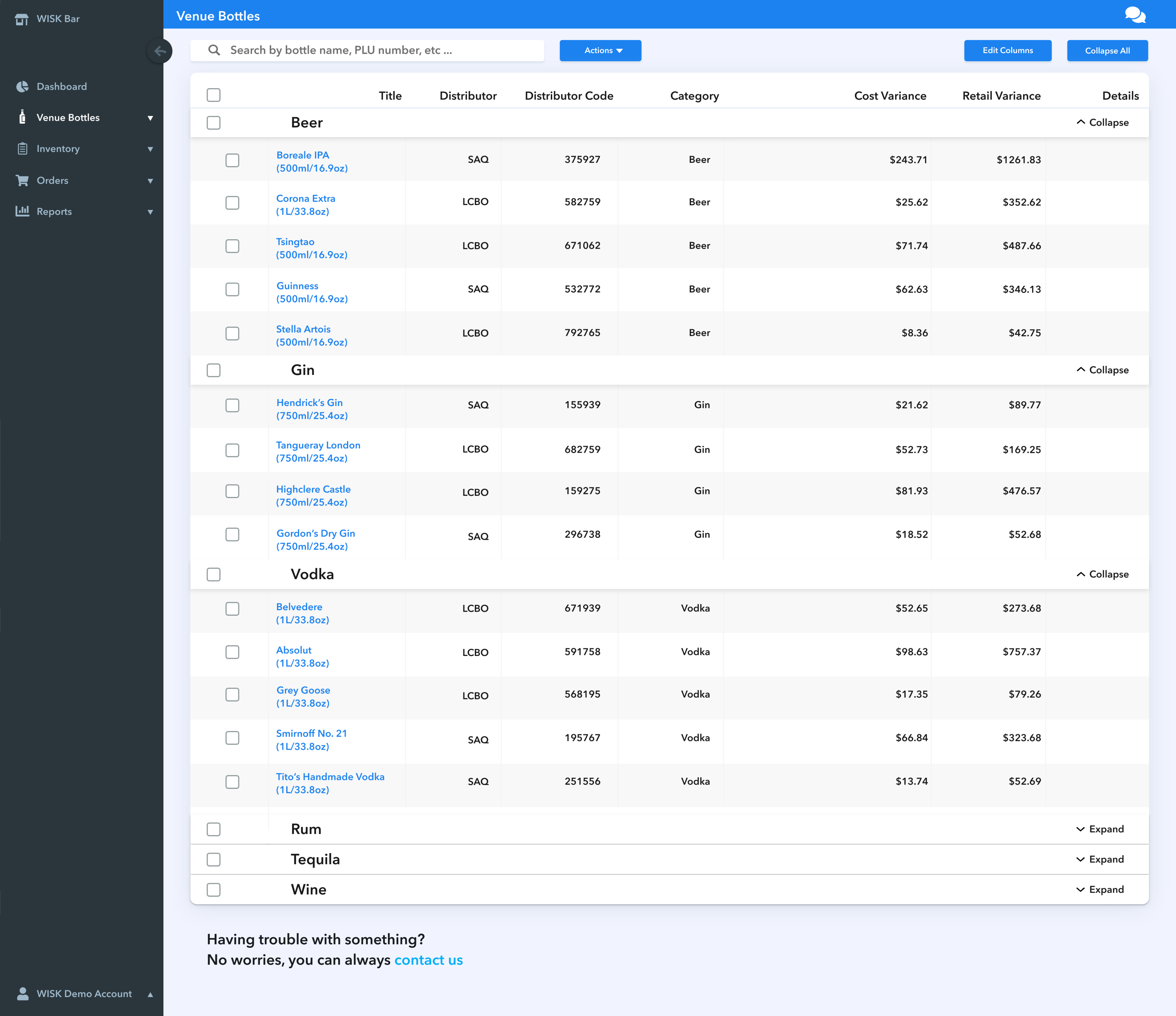 WISK web app redesign inventory list screen