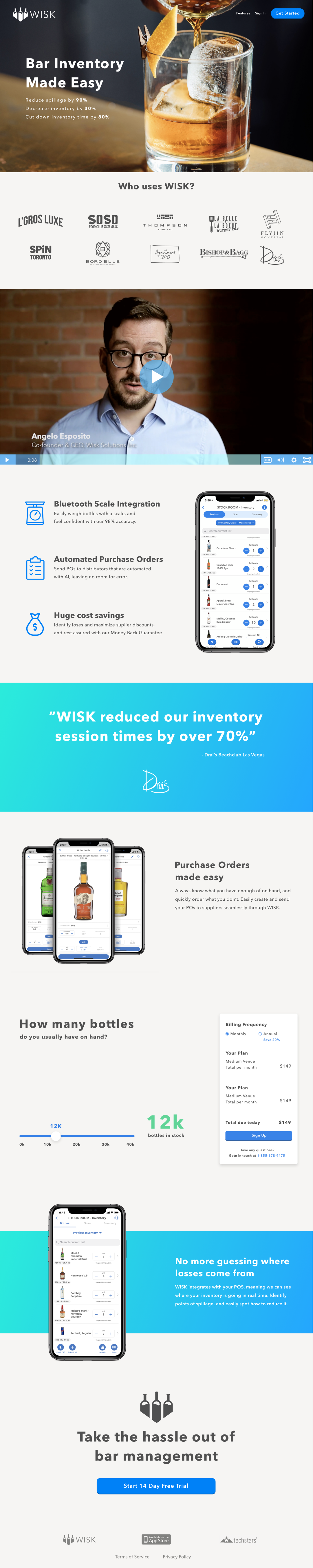 WISK website design with testimonials and pricing calculator